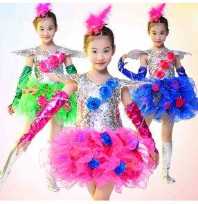Royal blue fuchsia green silver patchwork sequined girls kids child children toddlers kindergarten modern dance stage performance jazz dance dresses school play outfits costumes